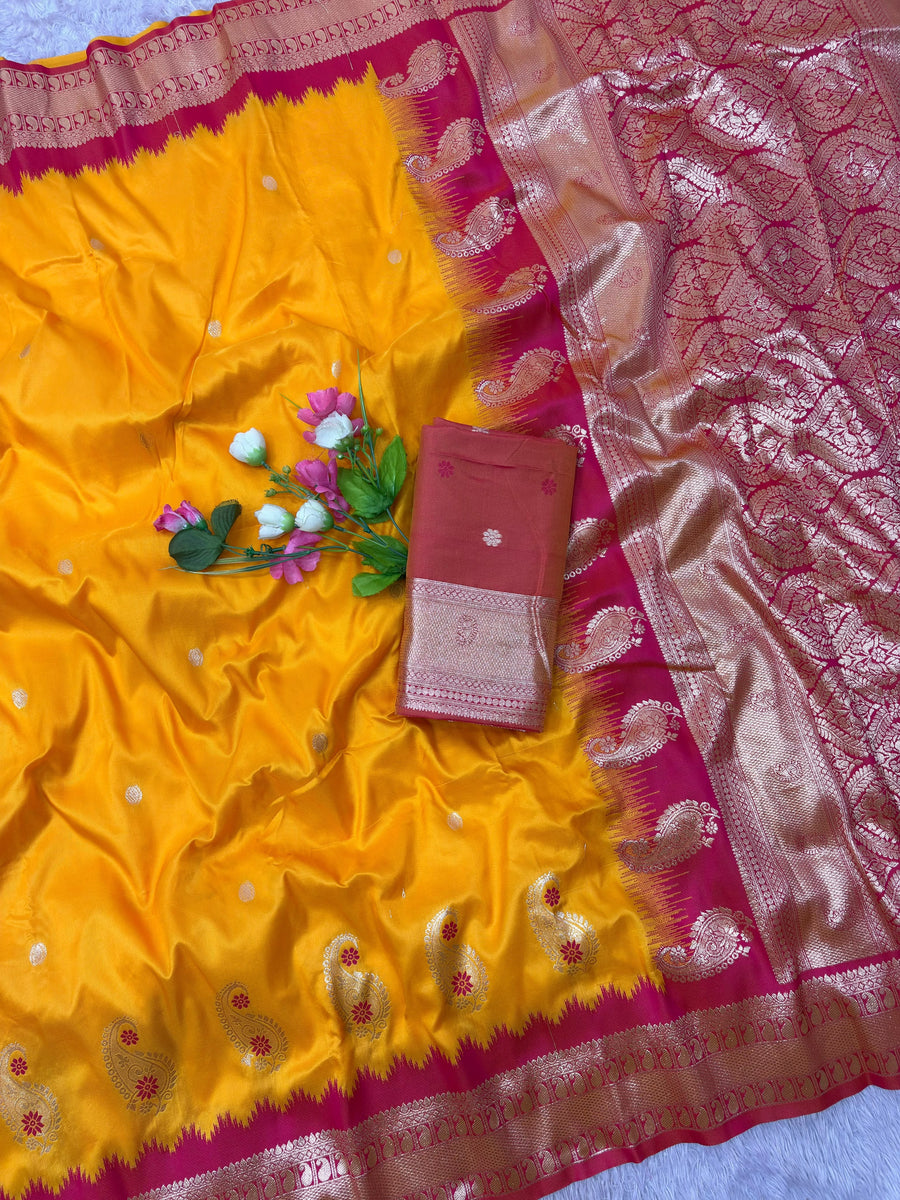 Asha Banarasi Soft Silk Saree - Zari Motifs, Meenakari Border