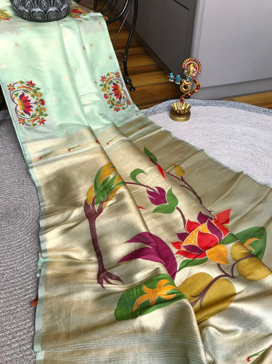 Soft Tissue Shimmer Silk Paithani Saree - Meenakari Pallu, Jari Butti
