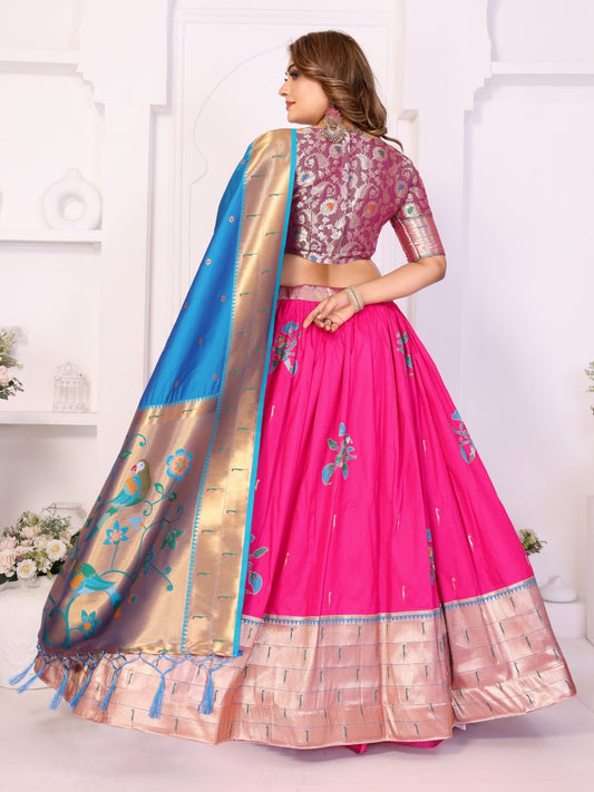 Traditional Silk Woven Festive Lehenga Choli in Pink & Blue