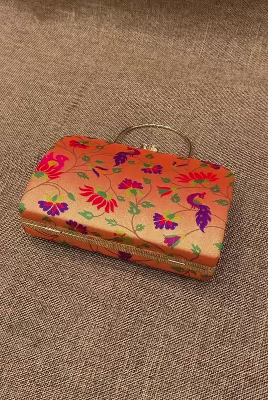 Premium Paithani Clutch - Golden Zari, Birds and Floral Design